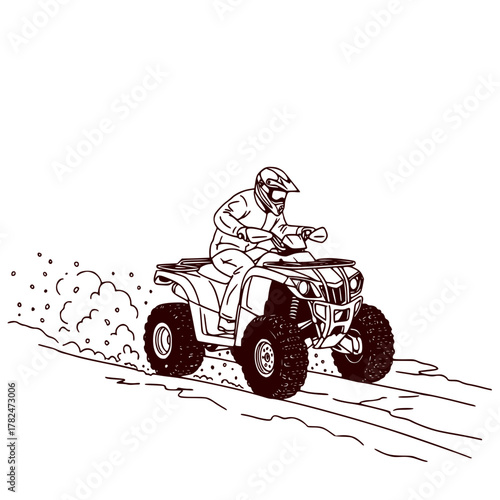 Man riding ATV on dirt path with dust clouds in motion  