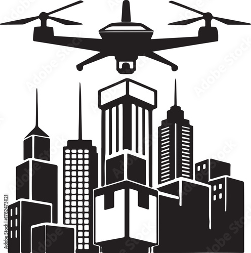 Futuristic drone delivering packages between skyscrapers silhouette design