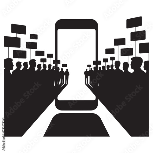 Crowd holding signs in front of a large smartphone