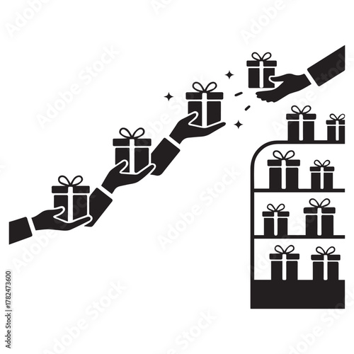 Hands passing gift boxes from shelf to customer