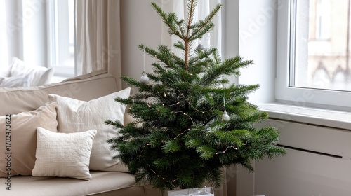 A warm cup on the table, soft blankets around, a festive tree, and snow outside create a cozy vibe
