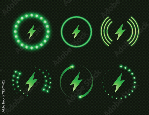Green neon wireless charging icons set on dark background. Glowing circle thunderbolt pictograms with lightning. Mobile battery charger sign tech application indicators interface design.