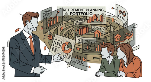 Retirement Planning Portfolio Financial Advice Neo-Cubist Vector Illustration