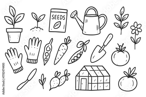 Vibrant, playful doodles of garden essentials like seeds, seedlings, gloves, trowel, watering can, and a greenhouse. Perfect for gardening, education, and DIY projects in stock libraries.