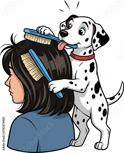 Dalmatian Grooming Human Cartoon Vector Illustration. Dog Combing Person's Hair Design. Pet Hair Care Funny Style Isolated on Background