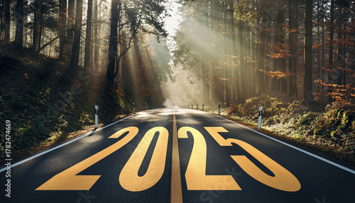 2025 forest road with sunlight empty asphalt autumn trees cinematic atmosphere morning mist peaceful nature hope future journey