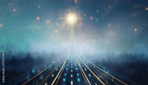 Wallpaper Mural Glowing arrow ascends into radiant target light in sky, digital painting with futuristic road, misty atmosphere, and magical energy, evoking hope and ambition Torontodigital.ca