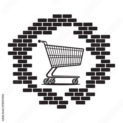 Shopping cart trapped behind a brick wall