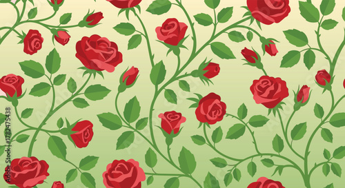 Vibrant red roses and buds bloom across a green, vine-like pattern.