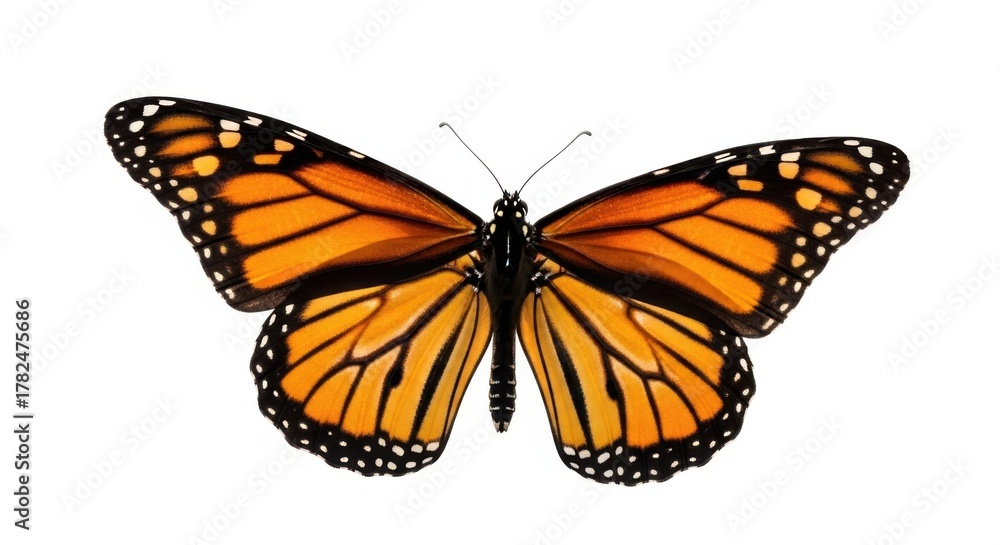 Fototapeta premium Vibrant monarch butterfly with intricate wing patterns isolated on white