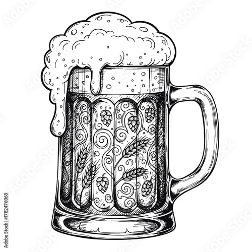 Beer mug with foam symbolizing Oktoberfest, brewing, and alcohol drink. Vector illustration, on a white background