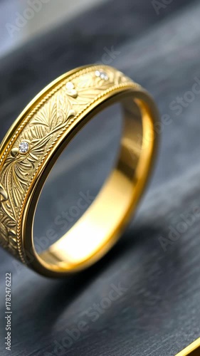 A stunning golden ring featuring a detailed pattern and small sparkling gems that highlight exceptional artistry and skill