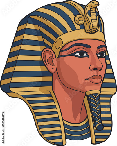 Side View Egyptian Pharaoh Mask Vector Illustration – Blue and Gold Nemes Headdress, Ancient Tutankhamun Icon