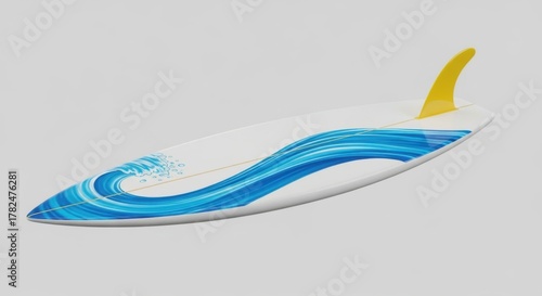 Fototapeta Naklejka Na Ścianę i Meble -  Surfboard with blue wave design and yellow fin on gray background