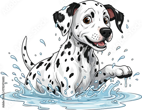Happy Dalmatian Puppy Playing in Water Vector Illustration Design