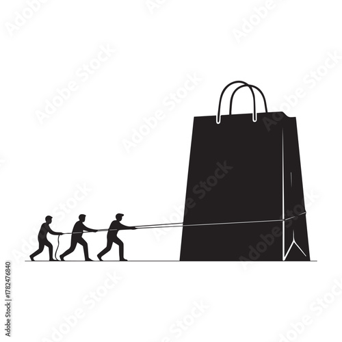 Three men pulling a large shopping bag