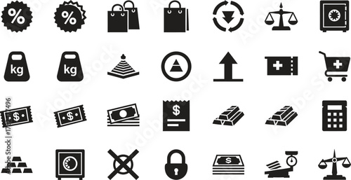 Business and Finance Icon Set with Shopping and Currency Concepts
