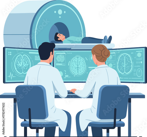 advanced medical imaging analysis in a modern hospital setting with healthcare professionals