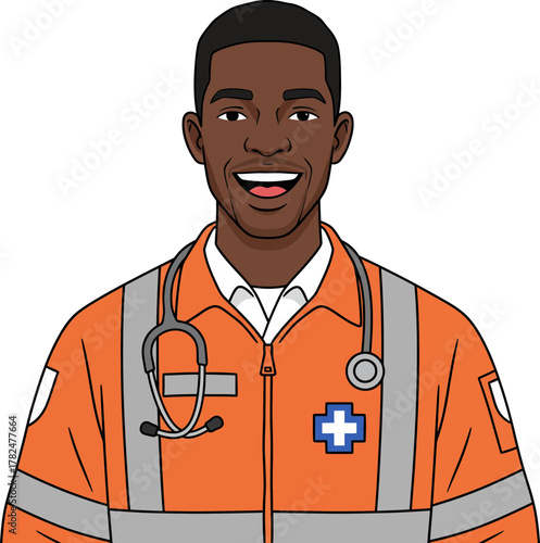 Animated Illustration of a Professional Paramedic in Bright Uniform with Medical Accessories