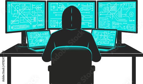 Futuristic hacker working with multiple digital screens in a dark control room environment