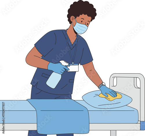 Healthcare professional disinfecting hospital bed linens with disinfectant spray and cloth for