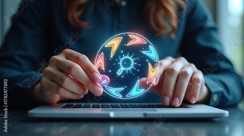 Hands Typing Beneath Holographic Lightbulb and Gear Icons for Planning