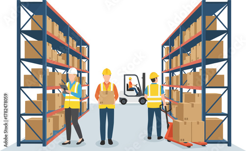 Warehouse workers organizing and managing inventory in a large storage facility with shelves