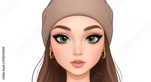 Digital illustration of a young woman with a beanie and emphasized makeup design
