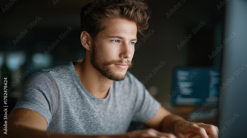 Obraz premium Software engineer using AI algorithms on a computer, tech innovation in AI ops, coding culture in business enhancement, software solutions in data analysis, tech optimization , Wor