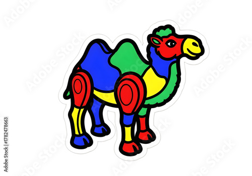 Playful Colorful Camel Sticker with Black Outlines: Cartoon Style Desert Animal in Vibrant Primary Colors Illustration