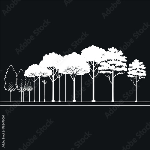 Architectural Drawings, Minimal style cad tree line drawing, Side view, set of section wetland forest outline for landscape design drawing. Vector illustration in seperate element