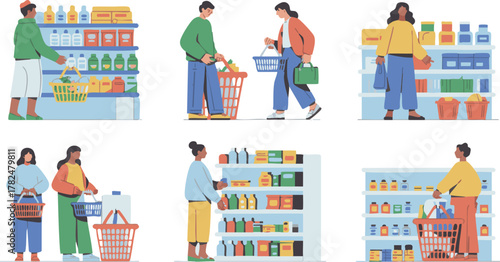 Various illustrations of people shopping for groceries and products in a supermarket or store aisles.