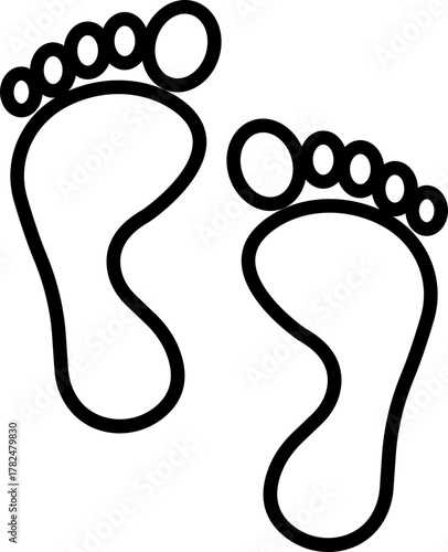 Footprint and shoe print icon in black line style, including barefoot, boot, sneaker, trail, and walking track symbols, perfect outline and silhouette vector