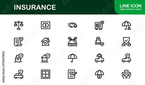Professional Insurance Icons with Minimal Line Art Highlighting Policy, Coverage, Claims, and Risk Symbols