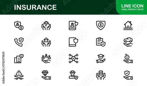 Professional Insurance Icons with Minimal Line Art Highlighting Policy, Coverage, Claims, and Risk Symbols