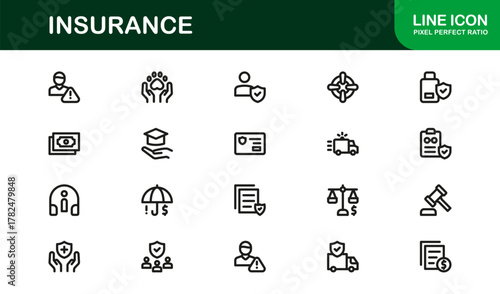 Professional Insurance Icons with Minimal Line Art Highlighting Policy, Coverage, Claims, and Risk Symbols