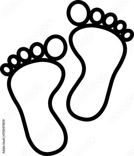 Footprint and shoe print icon in black line style, including barefoot, boot, sneaker, trail, and walking track symbols, perfect outline and silhouette vector