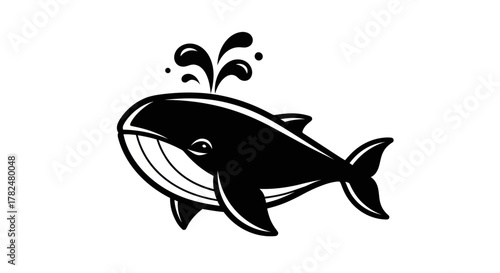 Stylized Whale Illustration with Water Spout in Black and White.