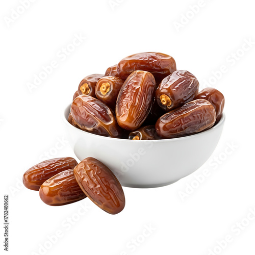 Natural dates in white ceramic bowl isolated on transparent background