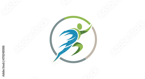 Abstract logo of a green running figure with a blue dynamic swoosh, enclosed in a circular frame.