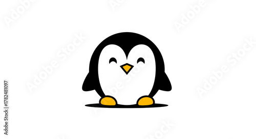 A cute, happy, cartoon penguin with a smiling face and orange beak and feet, standing on a white background.