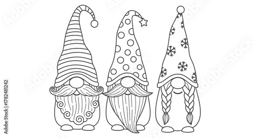 Three adorable gnomes with detailed hats and beards, perfect for a coloring page.
