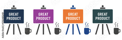 Product presentation vector, four easels with mugs and great product text