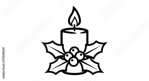 Black and white illustration of a lit candle with a flame, surrounded by holly leaves and berries.