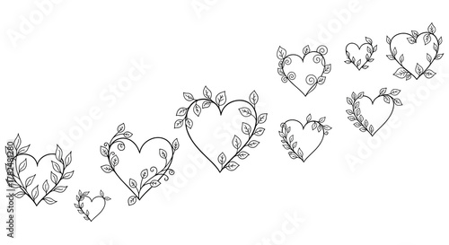 Elegant assortment of heart frames decorated with botanical leaves and vines, hand-sketched for wedding or valentine graphics.