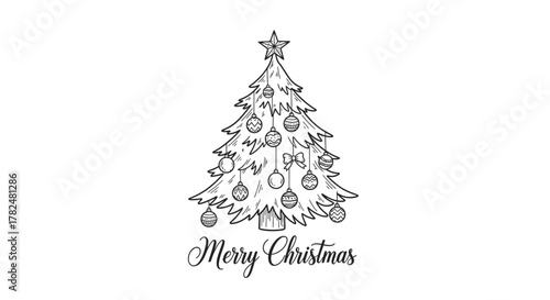 A beautifully decorated Christmas tree with ornaments and a star on top, with the text "Merry Christmas" below.