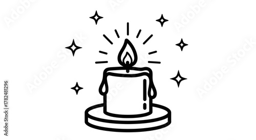 Line art illustration of a lit candle on a stand with glowing light rays and surrounding sparkles, depicting warmth and magic.