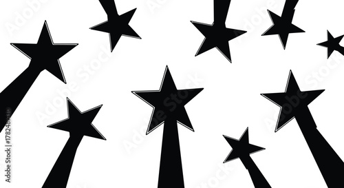 Graphic illustration of multiple black shooting star silhouettes soaring through the air on a clean white isolated background.
