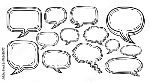 Versatile collection of sketched comic book speech bubbles in different styles and sizes for representing dialogue and thoughts.