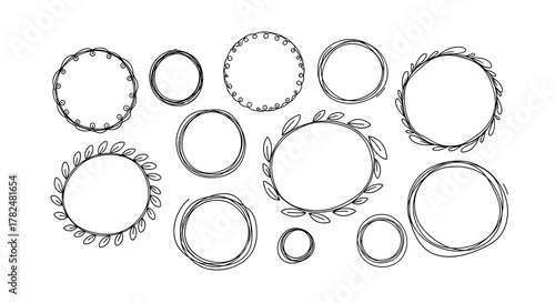 Artistic set of sketched round and oval frames, including simple scribbled borders and some adorned with minimalist leaves.